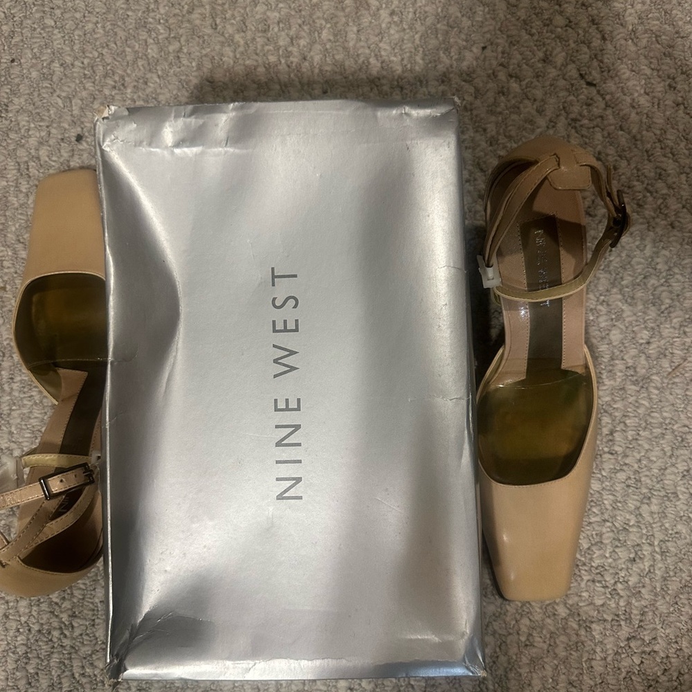 Nine West Beige/Tan Square-Toe Ankle-Strap Heels